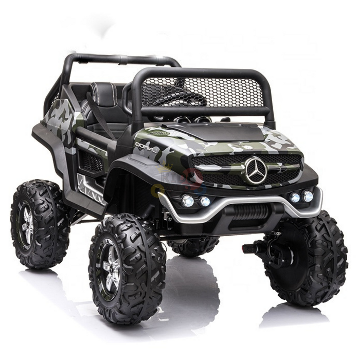 Introducing the Camo 12V/4X4 Official Mercedes Unimog Junior Ride On UTV, a toy car styled with camouflage patterns, large rugged wheels, a grille reminiscent of a Mercedes-Benz, and visible seats—all set against a pristine white backdrop.
