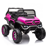 The Pink 12V/4X4 Official Mercedes Unimog Junior Ride On UTV features rugged black wheels, roll bars, a black grille, and comes with a Remote Control for added fun.