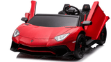 The Red 24V/180W Lamborghini SV Limited XXL Edition features black details and upward-opening scissor doors. With detailed headlights and a steering wheel, this ride-on reaches up to 10 MPH, perfect for Kids VIP playtime adventures.