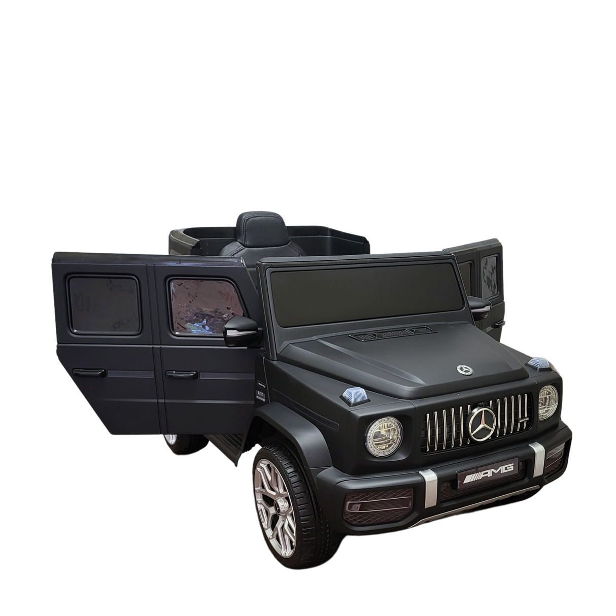 The Limited 12V Matte Edition Mercedes Benz AMG G63 Ride-On Truck for kids and toddlers, features open doors and visible interior seating with upgraded technology.