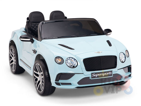 The Blue 12V Bentley GTC Kids Licensed Ride On Car features a sleek, sporty design with leather seats, rubber wheels, and a detailed grille labeled Supersports. Its battery-powered and includes a remote control for easy steering and added fun.