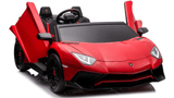 The Red 24V/180W Lamborghini SV Limited XXL Edition is a sleek toy sports car with black accents, upward-opening doors, aerodynamic lines, and detailed interior including a steering wheel and seat. It features black wheels with red trim and can reach speeds up to 10MPH.