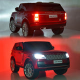 Two images depict a 24V Complete Silver Edition 2 Seats Range Rover Kids Ride On Car with RC, MP4. The top image shows the back and side view with illuminated taillights, while the bottom showcases the front and side view with headlights on against a vibrant red backdrop.