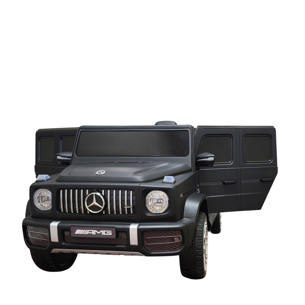 The Limited 12V Matte Edition Mercedes Benz AMG G63 Kids and Toddlers Ride-On Truck, RC, is a black luxury ride-on car featuring detailed headlights, a distinctive grille, and open side doors. With upgraded technology, it mirrors the elegance of the iconic G-Class SUV.