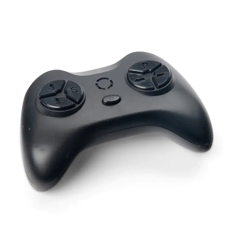 Discover the 12V Bentley Sports GT (NEW REMOTE with green sticker), a sleek black ergonomic game controller, perfect for last-minute sales. It features two joysticks, a central button, and directional buttons labeled S and P, elegantly angled on a white background. Buy it now at kidsviponline!.