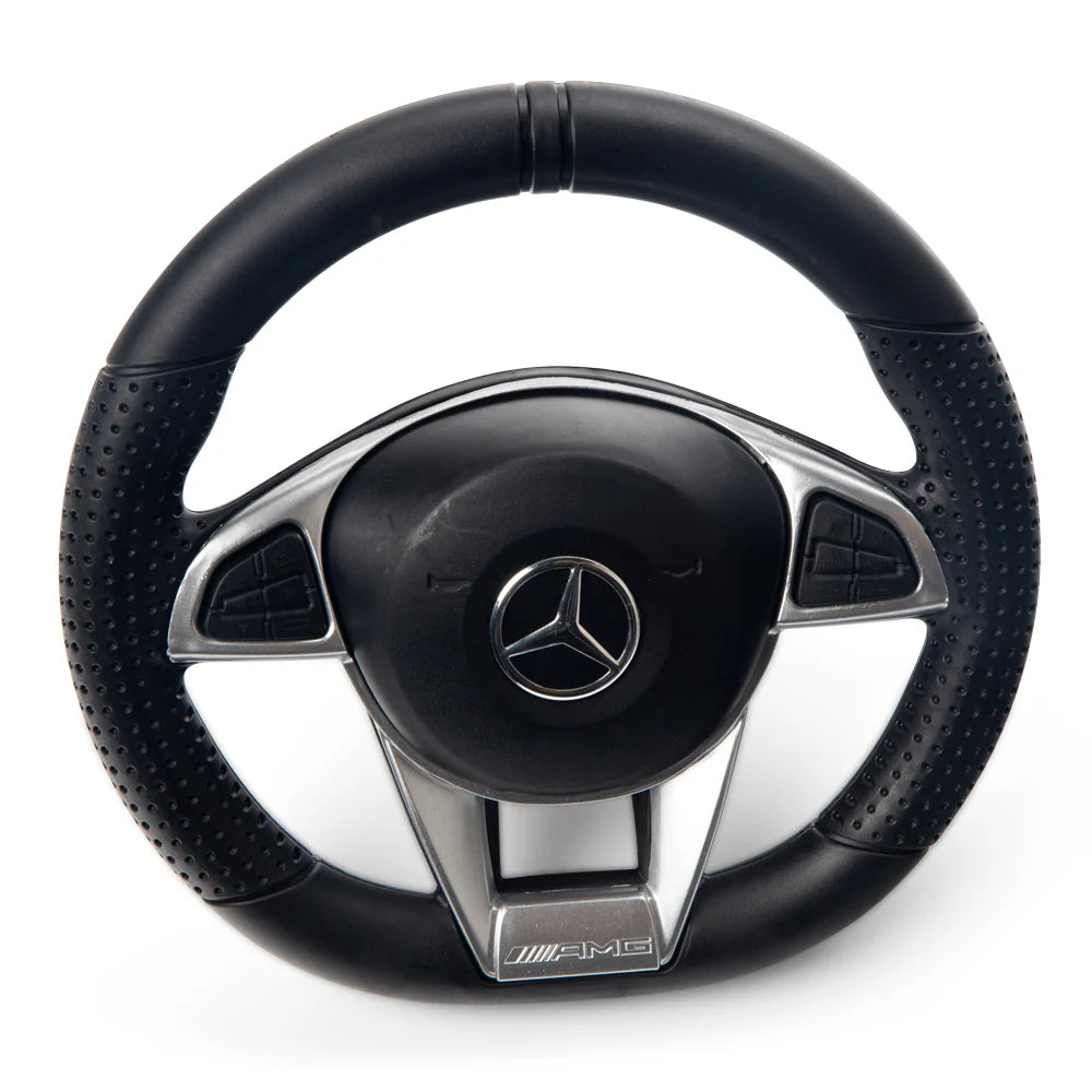 The 12V Mercedes GLS63 2 Seater Steering Wheel features a black and silver design, perforated grips, a central logo, three spokes with control buttons, and is perfect for a ride-on car. Available now at Kids VIP Online in our Final Sale.