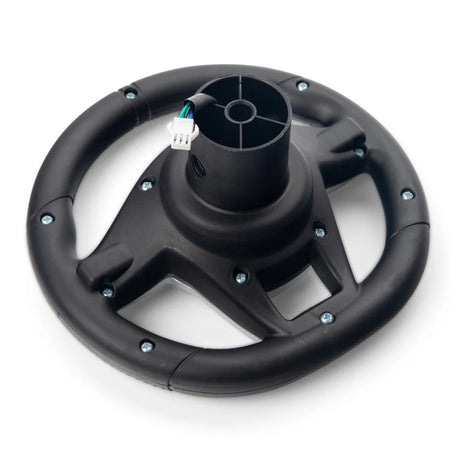 The 12V Mercedes GLS63 2 Seater Steering Wheel in black, available at kidsviponline, includes a central mounting hub and connector. Its sleek matte finish and ergonomic grips make it ideal for simulation gameplay. Note: This is a final sale item and cannot be returned or exchanged.