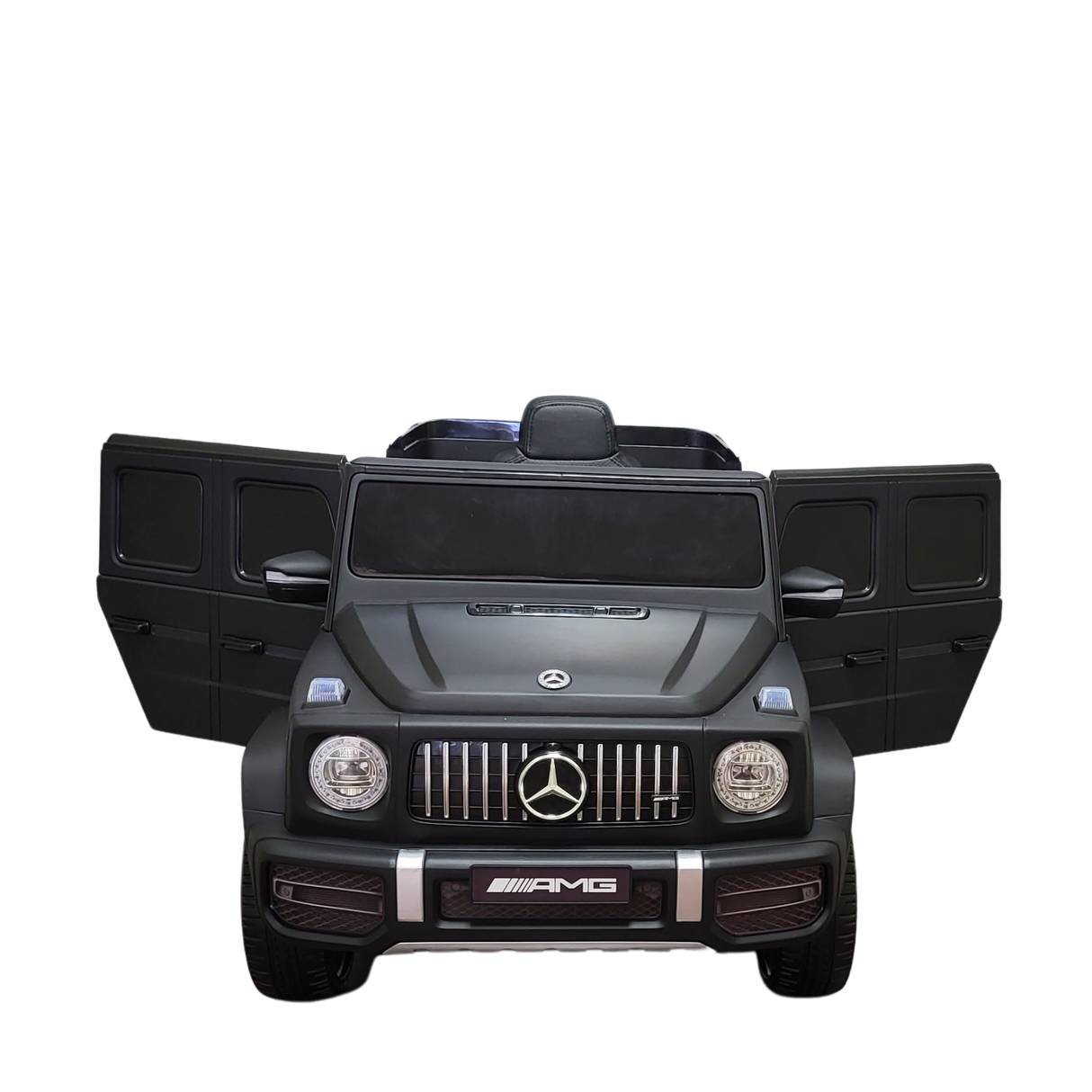 The Limited 12V Matte Edition Mercedes Benz AMG G63 ride-on truck for kids and toddlers showcases open doors, a detailed grille, headlights, upgraded tech, and the iconic AMG logo, offering a thrilling miniature luxury SUV experience.