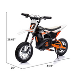 The 24V/250W SuperMoto Off Road Edition Dirt Bike is orange and black with knobby tires and sleek design, ideal for off-road adventures. It measures 28.62 in height, 44.9 in length, and 25 in width, powered by a robust 250W motor for an exhilarating ride.