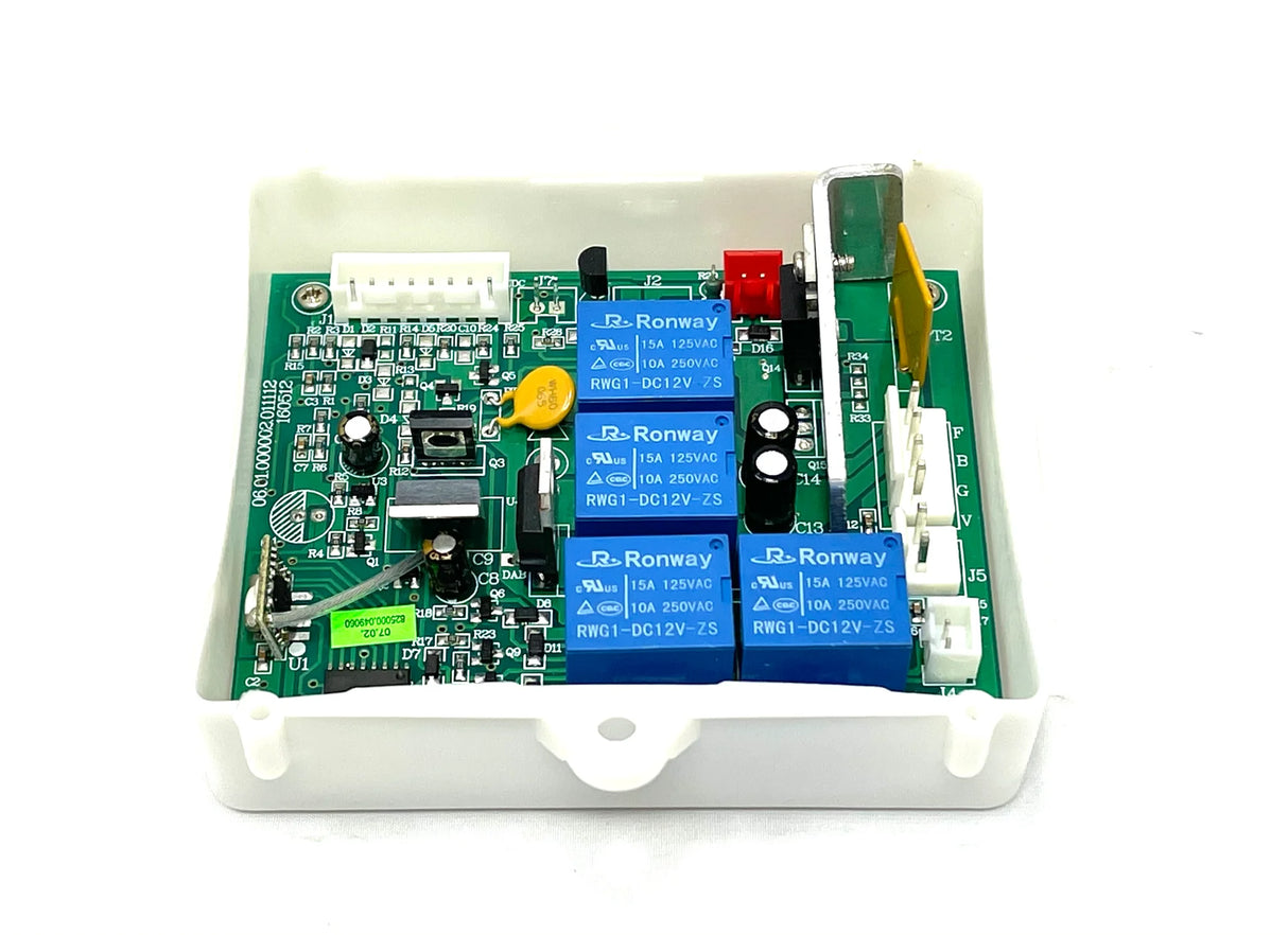 Close-up of the circuit board in a rectangular white plastic casing for a 12V Laferrari Receiver in a ride-on car, featuring components like blue Ronway relays, connectors, and a yellow capacitor to enhance performance.