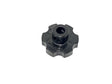 The 24v - Golf Steering Cog-JS360 features a black, six-sided star-shaped knob with a raised cylindrical center and a hole through the middle, set against a plain white background—an ideal upgrade for your ride-on car from kidsviponline.