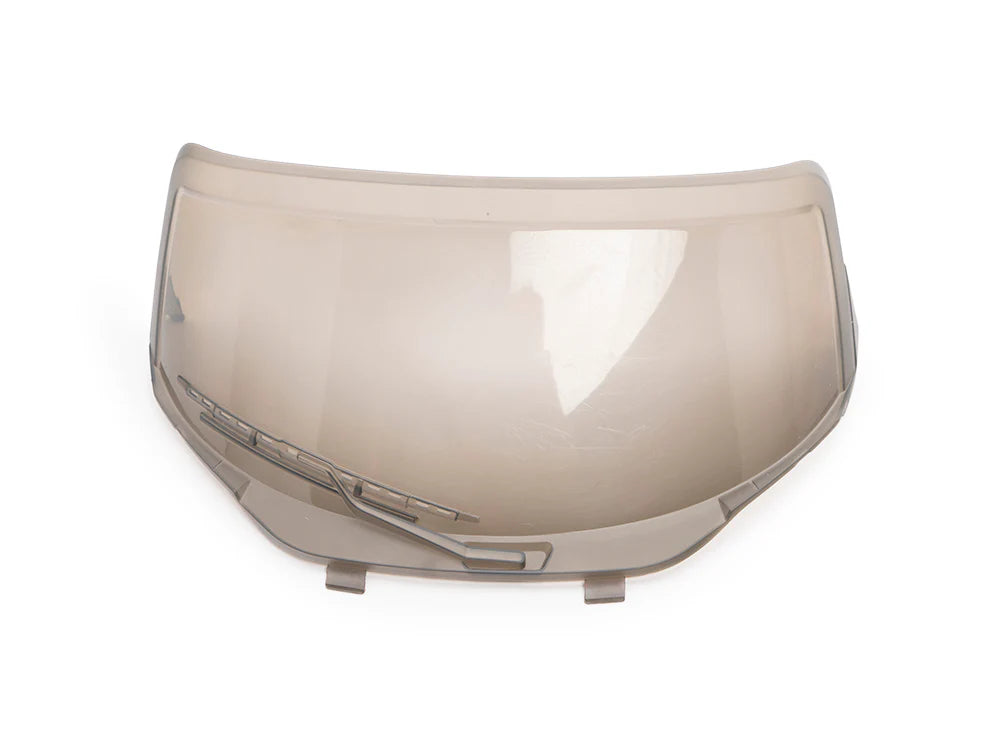 A translucent beige 12 VLaFerrari Windshield replacement visor, slightly curved and designed for helmets, features bottom attachment points and a reflective surface, shown on a plain white background.