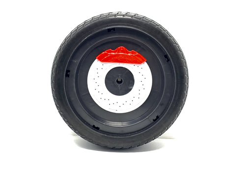 A close-up of the 12V Mercedes GLS63 2 Seater EVA Wheel features a black tire with a white hubcap and red segment, highlighting its sleek design against a plain white background—ideal for your ride-on car.