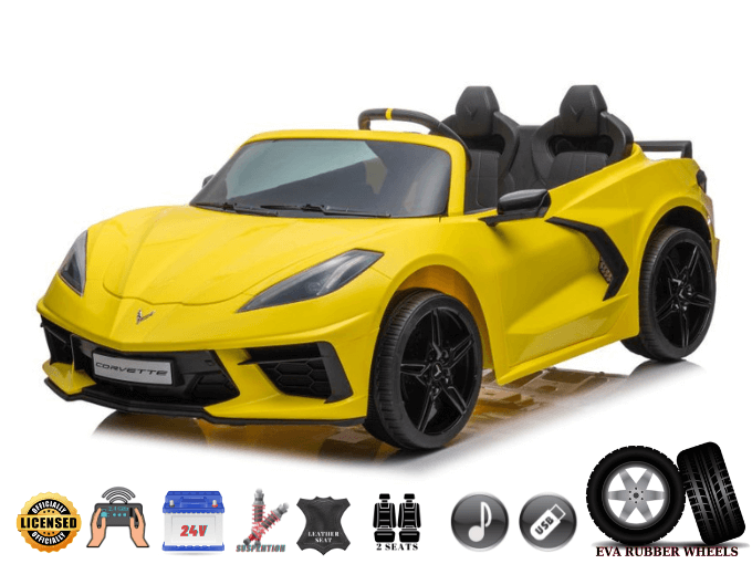 The Kids Premium 24V Yellow Corvette C8 ride-on toy car features a dual-seater design, black leather seats, EVA rubber wheels, remote control icons, music capabilities, and a durable lithium battery.