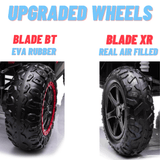 Displayed are two wheel types: Blade BT with EVA rubber, black and red design, and XXL Blade XR featuring real air-filled tires in sleek black. Both ensure durability and performance for your Green 2 Seater XXL Blade XR Edition 24V 180W Ride On Buggy UTV adventures.