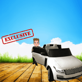 A cartoon character stands beside the 24V Complete White on White Edition Range Rover Kids Ride On Car with RC, MP4 on wooden decking, a grassy field, and blue sky behind. A red Exclusive stamp marks its cutting-edge technology.