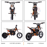 Four views of the black and orange 24V/250W SuperMoto Off-road Edition Dirt Bike: front, back, side, and angled side. It features a 250W motor with a top speed of 13.67 MPH (22 KM/H) for exciting off-road adventures and a charge time of 8-12 hours.