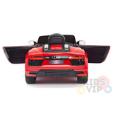 The Red 12V Audi R8 Licensed 1-Seater Ride-On Car features detailed taillights, a license plate, open doors, a black seat and steering wheel, upgraded EVA rubber wheels, and runs on a 12V battery.