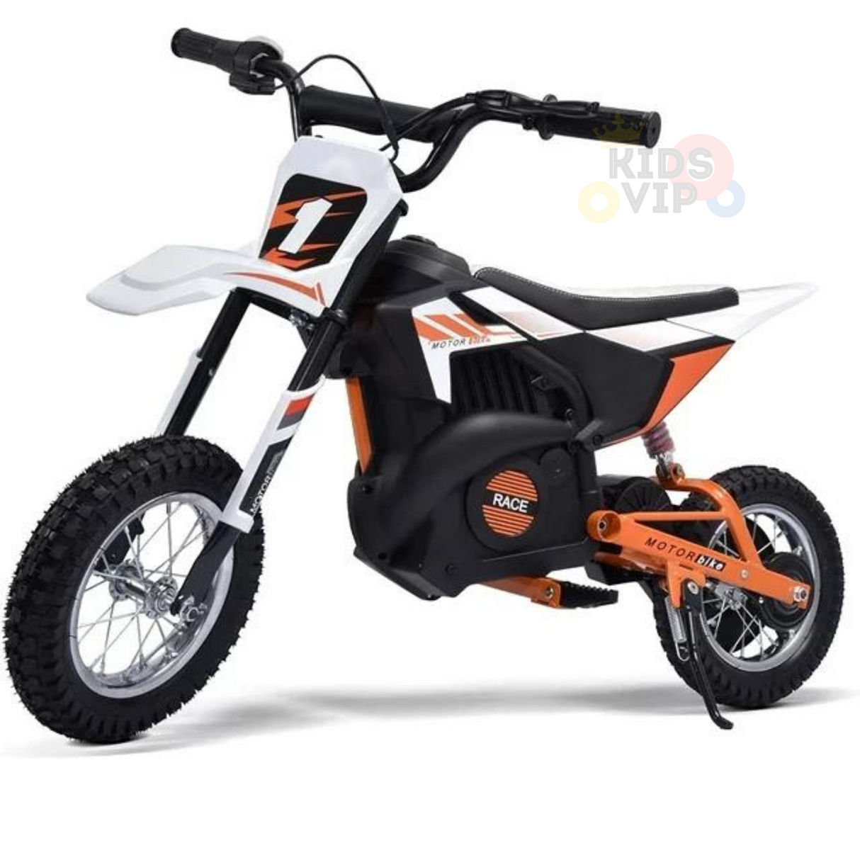 The 24V/250W SuperMoto Off-road Edition Dirt Bike is a small, orange, and black kids bike with the number 1 on the front. It has a sturdy frame, thick tires, and a kickstand, making it perfect for young riders ready for off-road adventures.