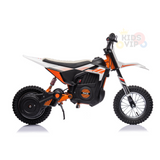 Introducing the 24V/250W SuperMoto Off-road Edition Dirt Bike with sturdy training wheels, knobby tires, and a modern orange and black design. It features the KidsVIP logo, making it perfect for little explorers on rugged adventures.