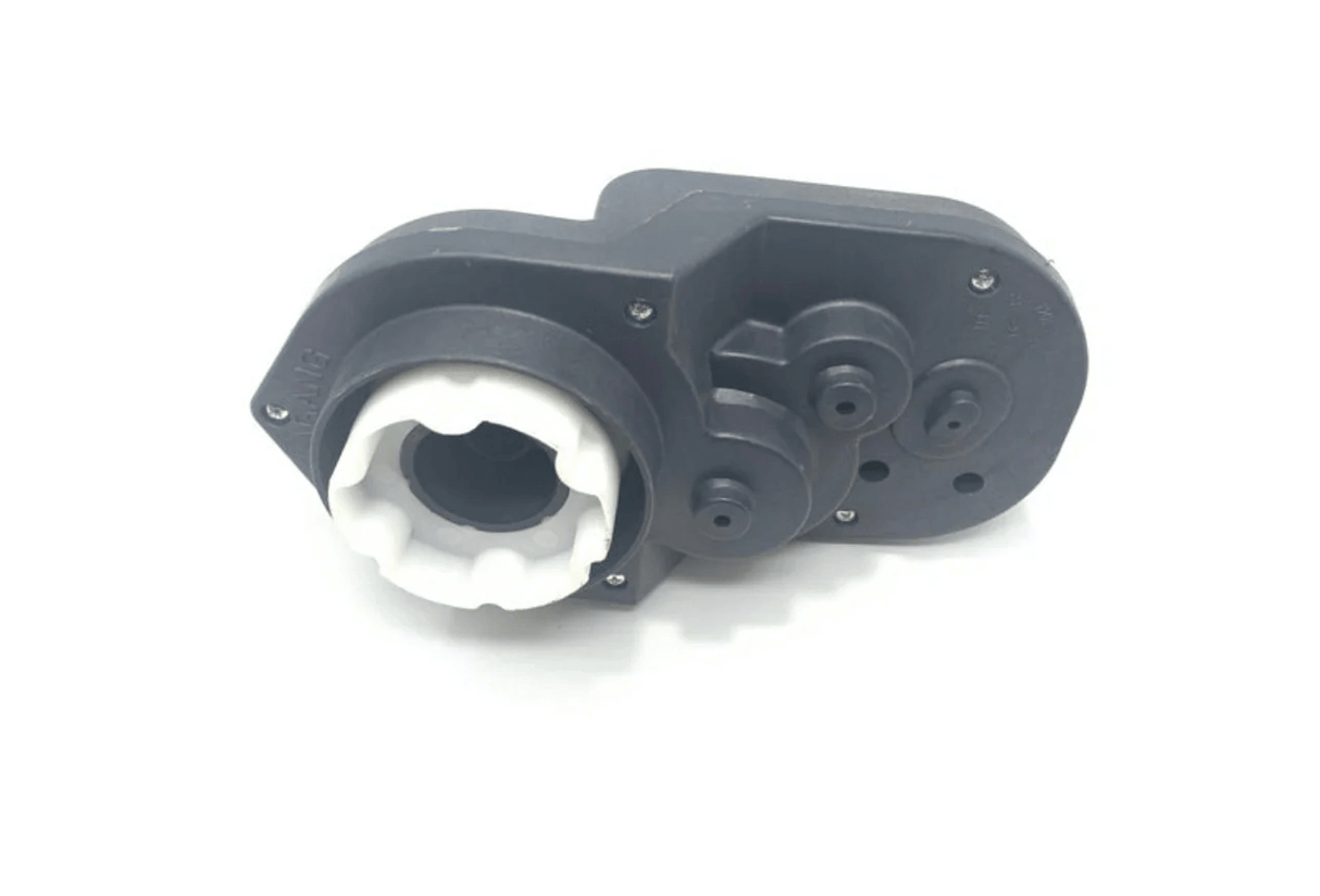 The High-Quality 24v Range Rover HSE Left Gear Box - Genuine Replacement features a black motor gear drive with a white gear wheel, multiple screw holes, and a curved design on the left side, set against a plain white background for a sleek aesthetic.