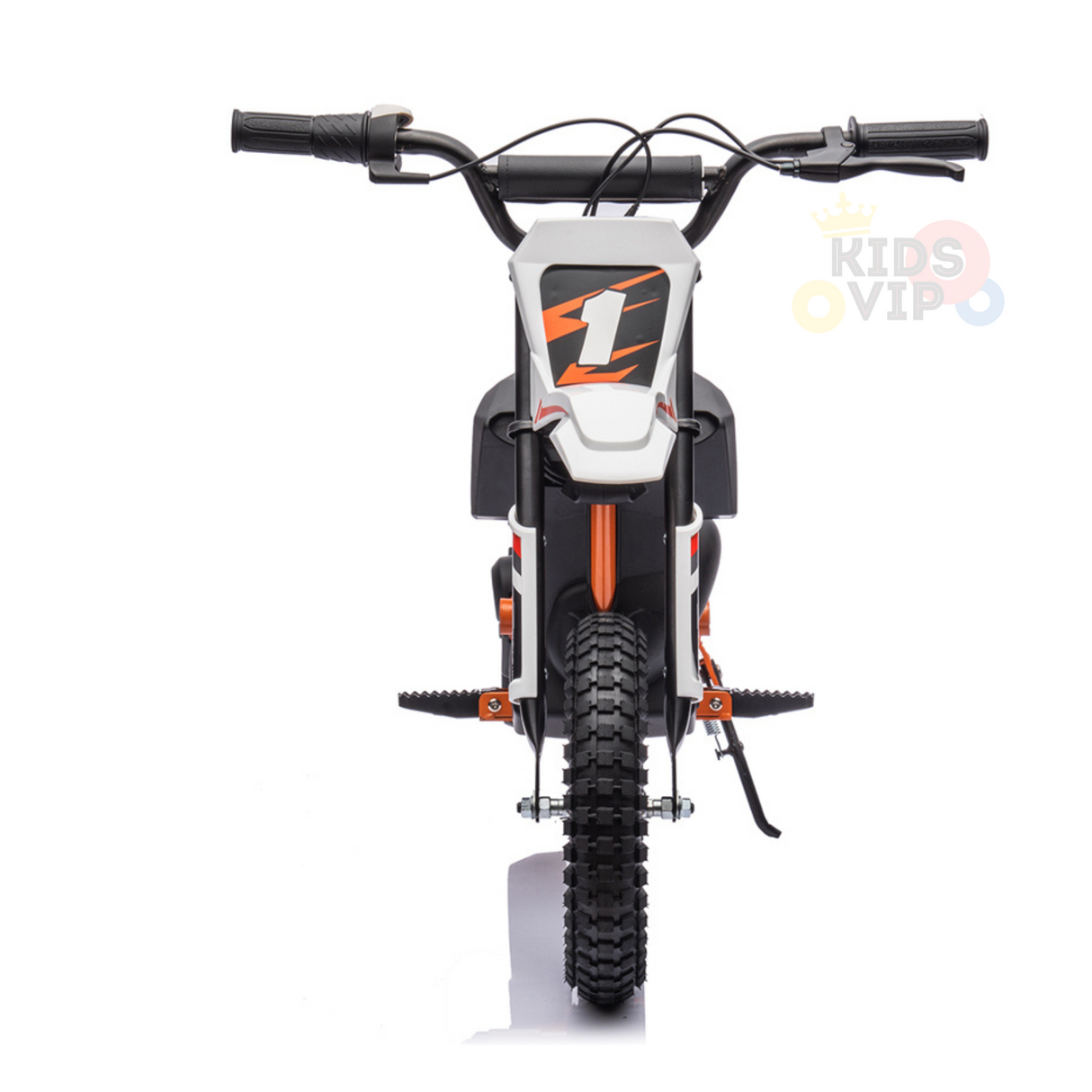 Front view of the 24V/250W SuperMoto Off Road Edition Dirt Bike, perfect for young explorers. It boasts a black and white body with orange accents, a front panel with 1, knobby tire, side foot pegs, black handlebars, and a robust motor for adventures.