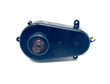 The 24V Dune Buggy Steering Motor is a black mechanical component with an oval shape and a circular center opening. It has visible copper wiring, several edge mounting holes, and yellow and blue wires extending from one side.