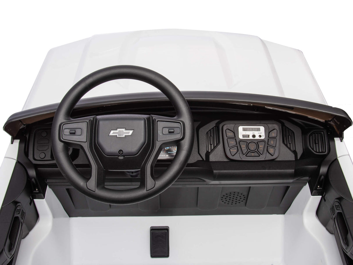 White 24V Chevrolet Silverado Kids Licensed 2 Seater Ride On Truck with Music, Rc