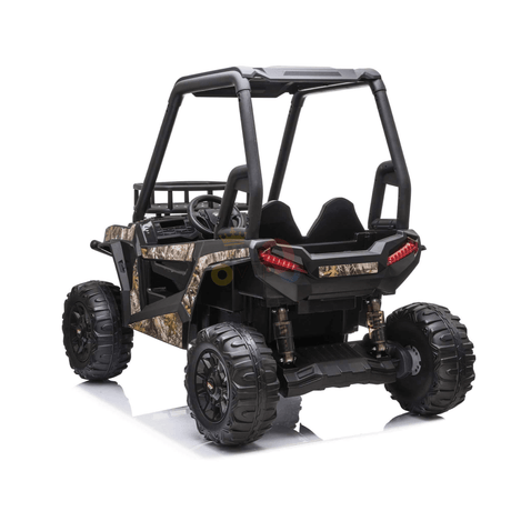 The Camo 2 Seats Golf Buggy 24V Edition Kids Ride On Car features a black frame, camo body, rubber wheels, roll cage, dual seats, and realistic rear lights. Seen from the back on a white background, it resembles a toy off-road vehicle.