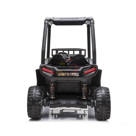 The rear view of the Camo 2 Seats Golf Buggy 24V Edition Kids Ride On Car reveals large rubber wheels and distinct taillights, showcasing a rugged design. Its frame emphasizes a sporty and robust appearance, making it perfect for adventurous journeys.