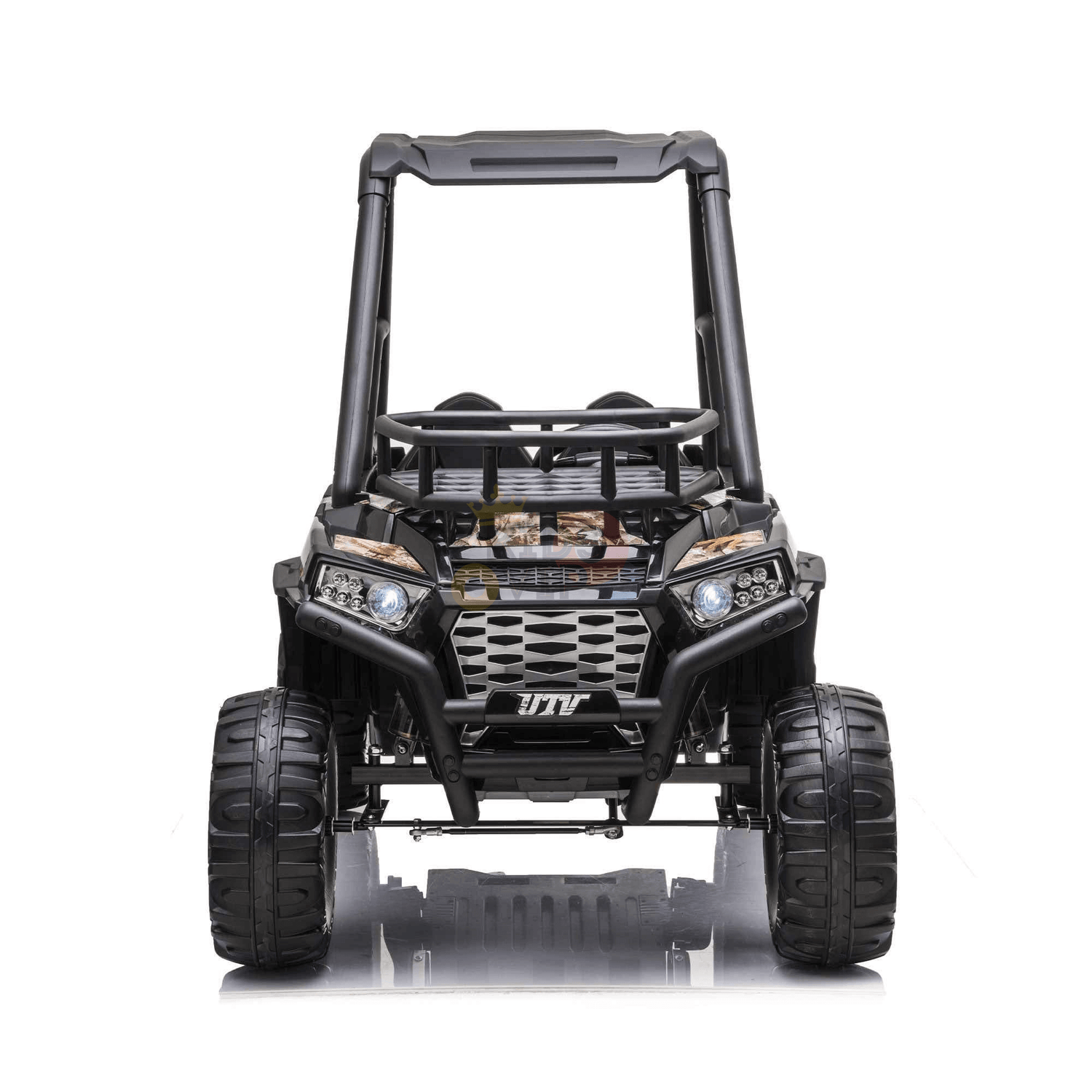 A camo-themed Golf Buggy 24V Edition is shown from the front, featuring large rubber wheels, a roll cage, and realistic headlights. This expertly designed 2-seat ride-on UTV is perfect for adventurous play and excitement for kids seeking rugged off-road fun.