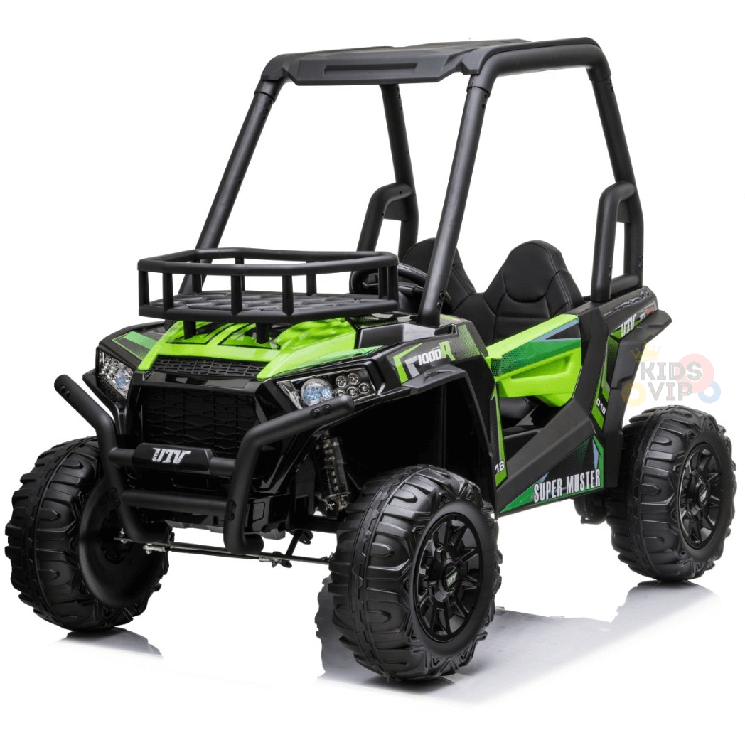 The Green 2 Seats Golf Buggy 24V Edition, a kids ride-on car, features large rubber wheels and a sturdy roll cage for adventurous play. With Super Monster labeling, this off-road vehicle is perfect for excitement-filled adventures.