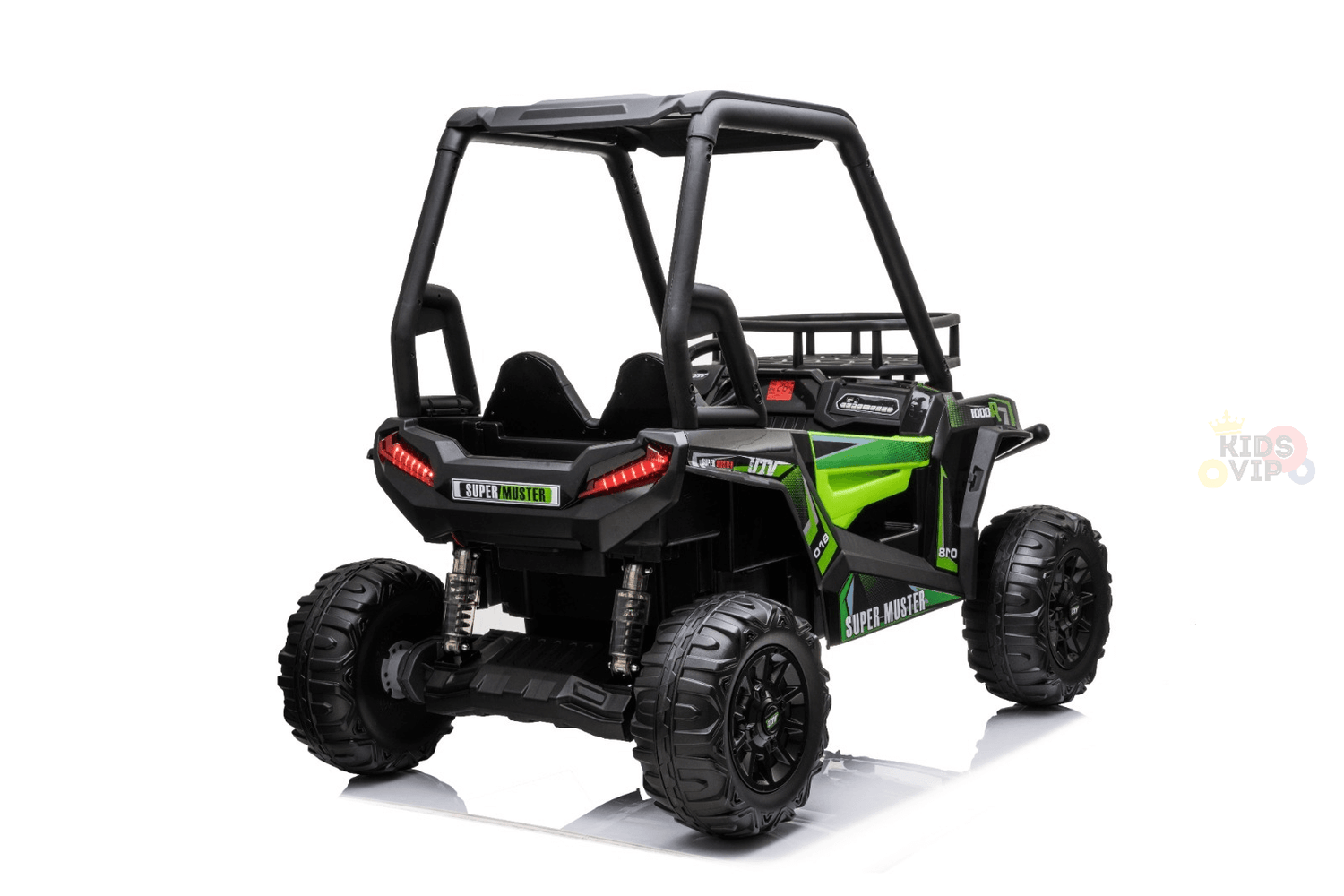 A green and black kids ride-on car, the Green 2 Seats Golf Buggy 24V Edition, features EVA rubber wheels and an open roll cage design. Shown from the back, it resembles a golf buggy with a small license plate.