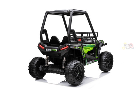 A green and black kids ride-on car, the Green 2 Seats Golf Buggy 24V Edition, features EVA rubber wheels and an open roll cage design. Shown from the back, it resembles a golf buggy with a small license plate.