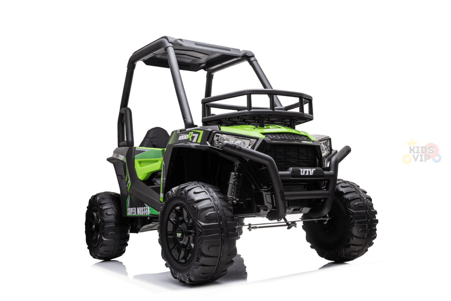A low-angle view features the Green 24V Edition Kids Ride On Car, a UTV with two seats and RC, large rubber wheels, sturdy black frame, and roll cage. This off-road toy resembles a rugged golf buggy adorned with eye-catching branding and decals.