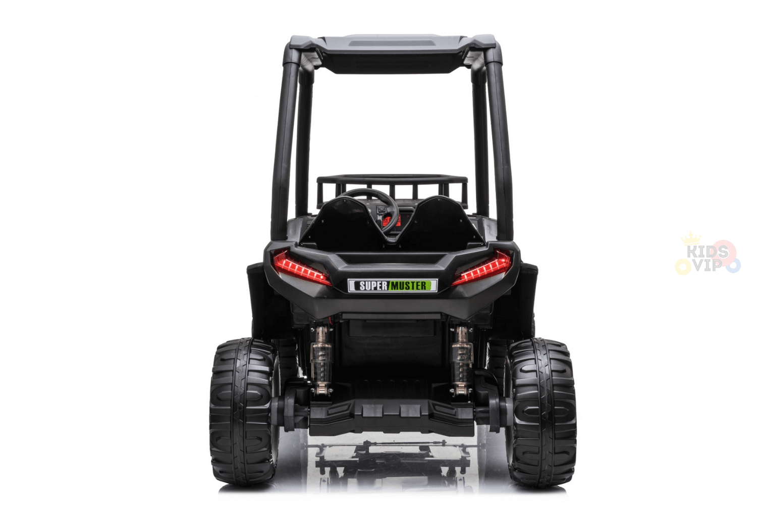 Rear view of a green kids ride-on car, inspired by a golf buggy with large EVA rubber wheels and visible suspension. Features include a roll bar and tail lights. Modeled like an off-road vehicle, set against a plain white background.