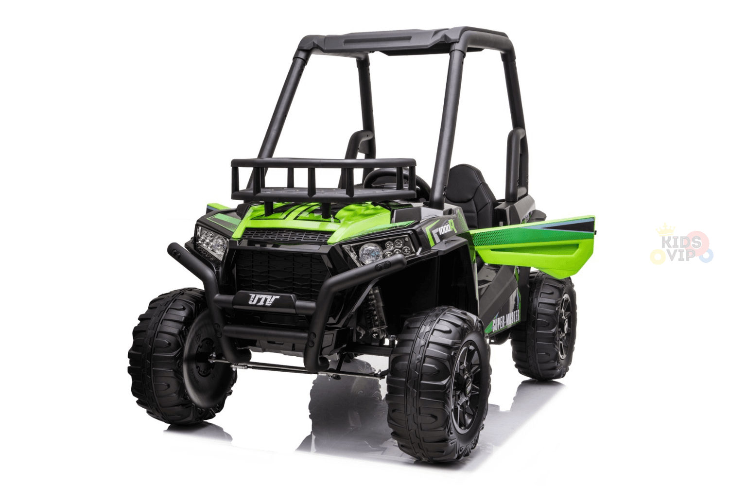 The Green 2 Seats Golf Buggy 24V Edition Kids Ride On Car resembles a child-sized off-road UTV, fitted with rugged EVA rubber wheels, a front bumper, roll cage, and prominently displays the brand logo on its side.
