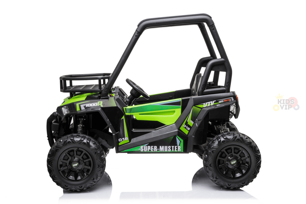 The Green 2 Seats Golf Buggy 24V Edition Kids Ride-On Car/UTV, styled with an off-road green and black design, features EVA rubber wheels, a roll cage, side mirrors, and Super-Muster on the sides. Perfect for adventure and photographed against a white background.