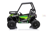 The Green 2 Seats Golf Buggy 24V Edition Kids Ride-On Car/UTV, styled with an off-road green and black design, features EVA rubber wheels, a roll cage, side mirrors, and Super-Muster on the sides. Perfect for adventure and photographed against a white background.
