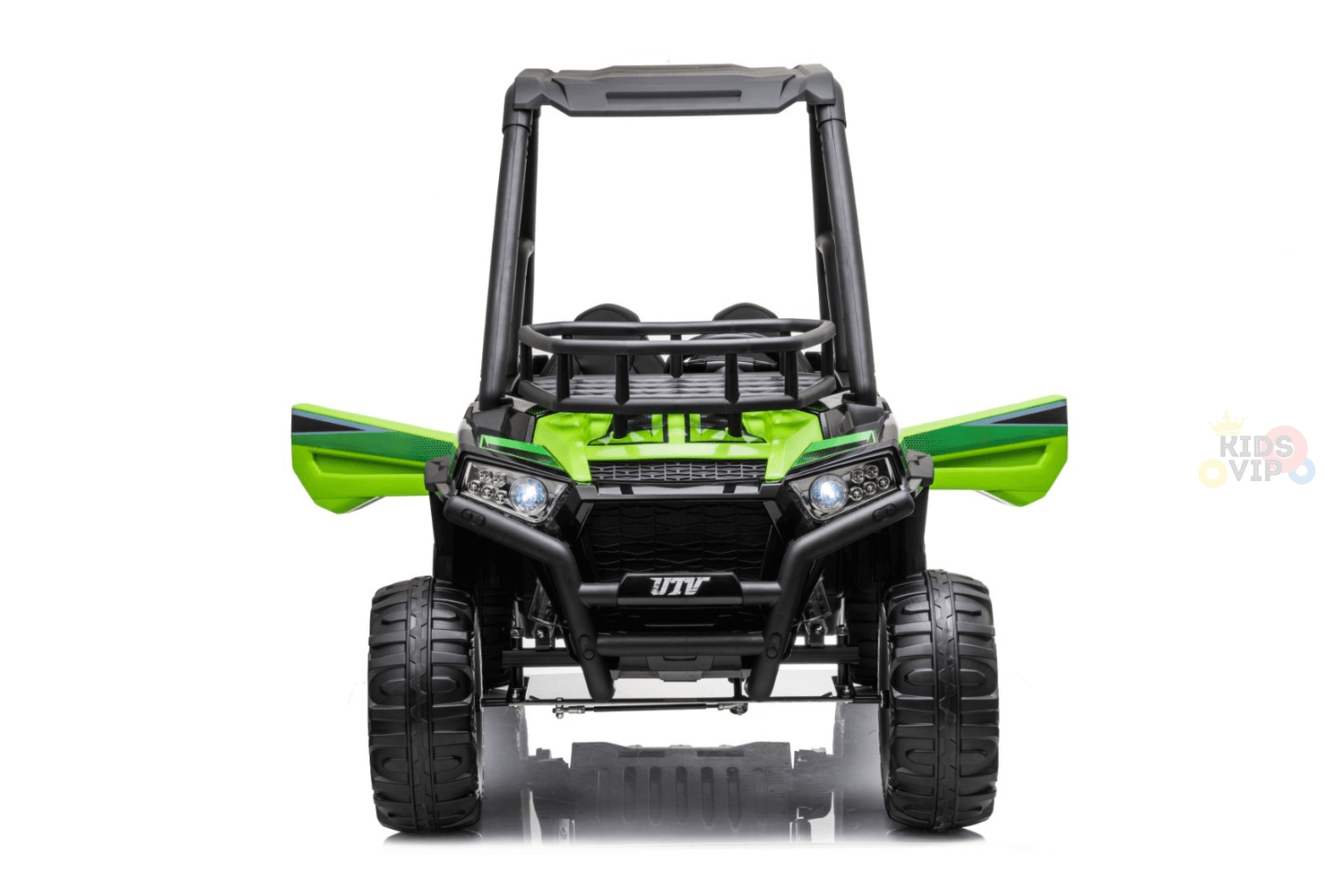 The Green 2 Seats Golf Buggy 24V Edition Kids Ride On Car/UTV features EVA rubber wheels, large tires, a sturdy frame, two seats, a realistic grille, and headlights. With off-road capabilities and a stylish design like a golf buggy, its perfect for adventurous children.