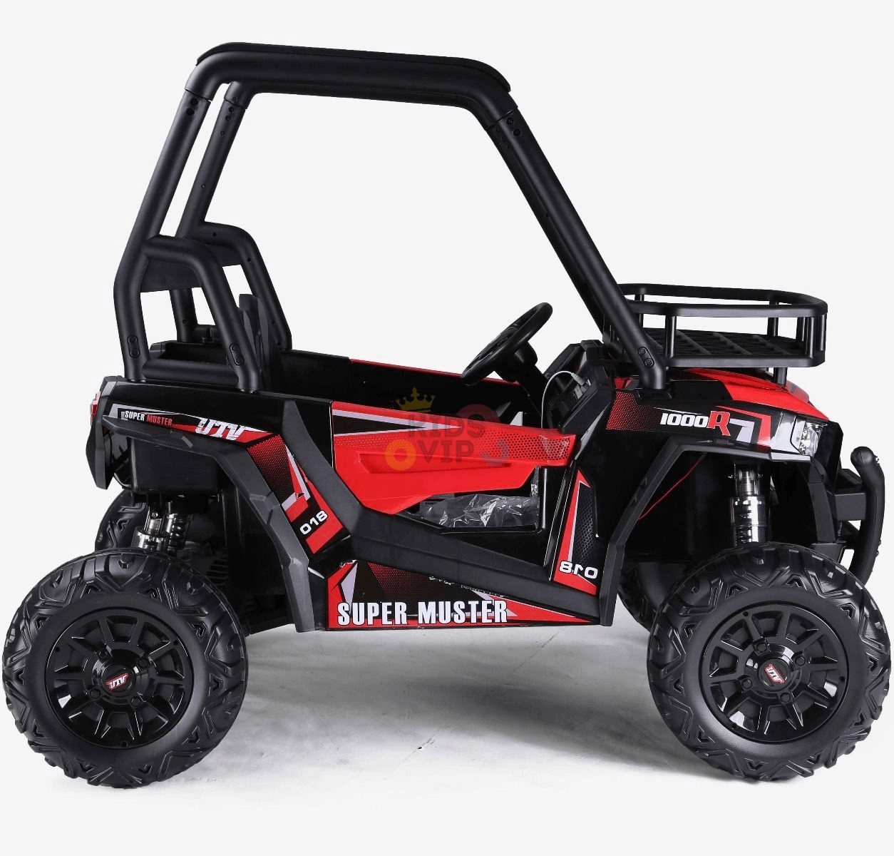 The 2 Seats Golf Buggy 24V Edition Kids Ride On Car UTV with RC, Rubber Wheels is a red and black toy resembling an off-road vehicle with roll bars, large wheels, decal designs, open seating, and Super Muster on the side.