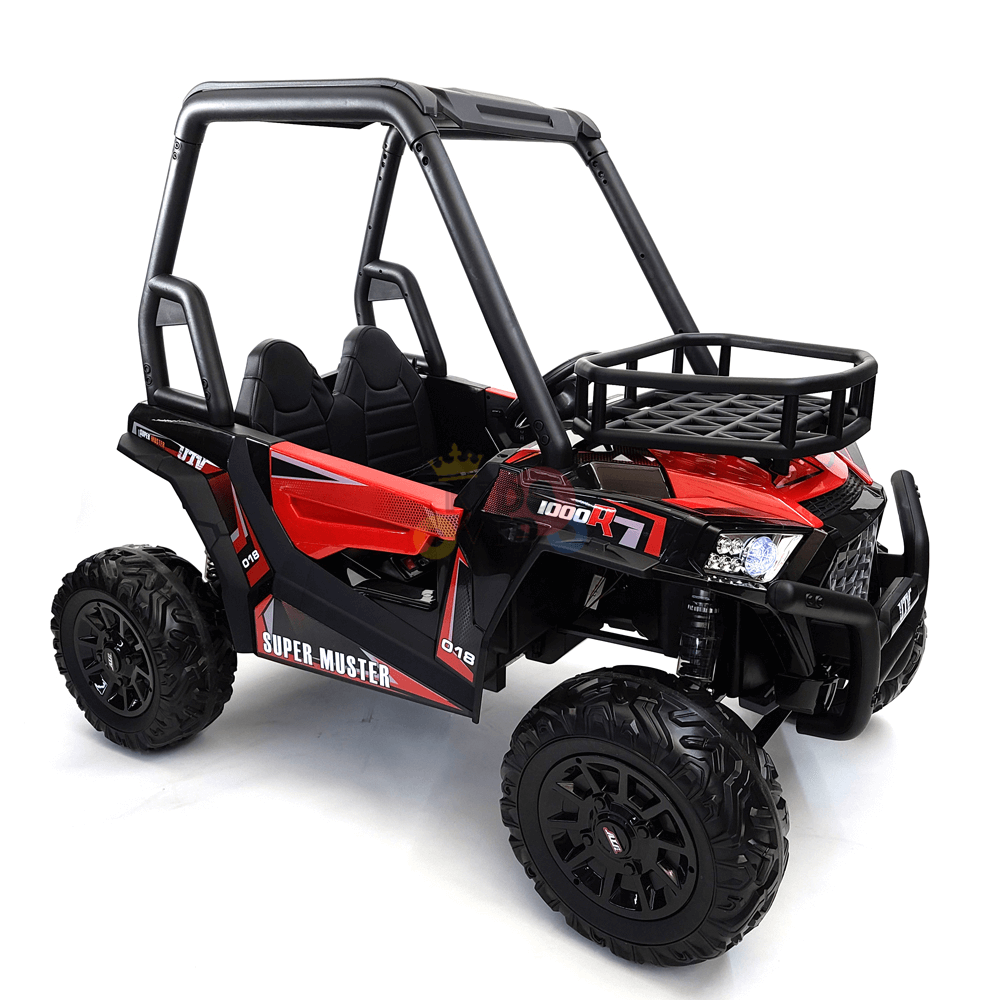 The 2 Seats Golf Buggy 24V Edition Kids Ride On Car UTV is a red and black off-road vehicle with large rubber tires, roll cage, two seats, and Super Muster decals. It includes a parental remote, a black grille front, and a cargo rack.