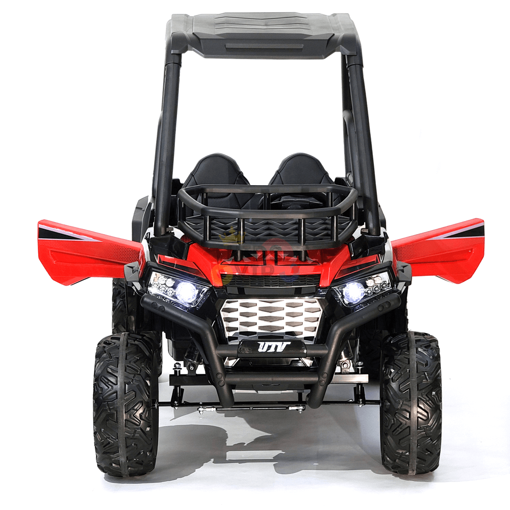 The 2 Seats Golf Buggy 24V Edition Kids Ride On Car UTV features LED headlights, large rubber wheels, a roll cage, and resembles a rugged off-road vehicle. It has two black seats and comes with a parental remote, boasting black and metallic accents for added style.