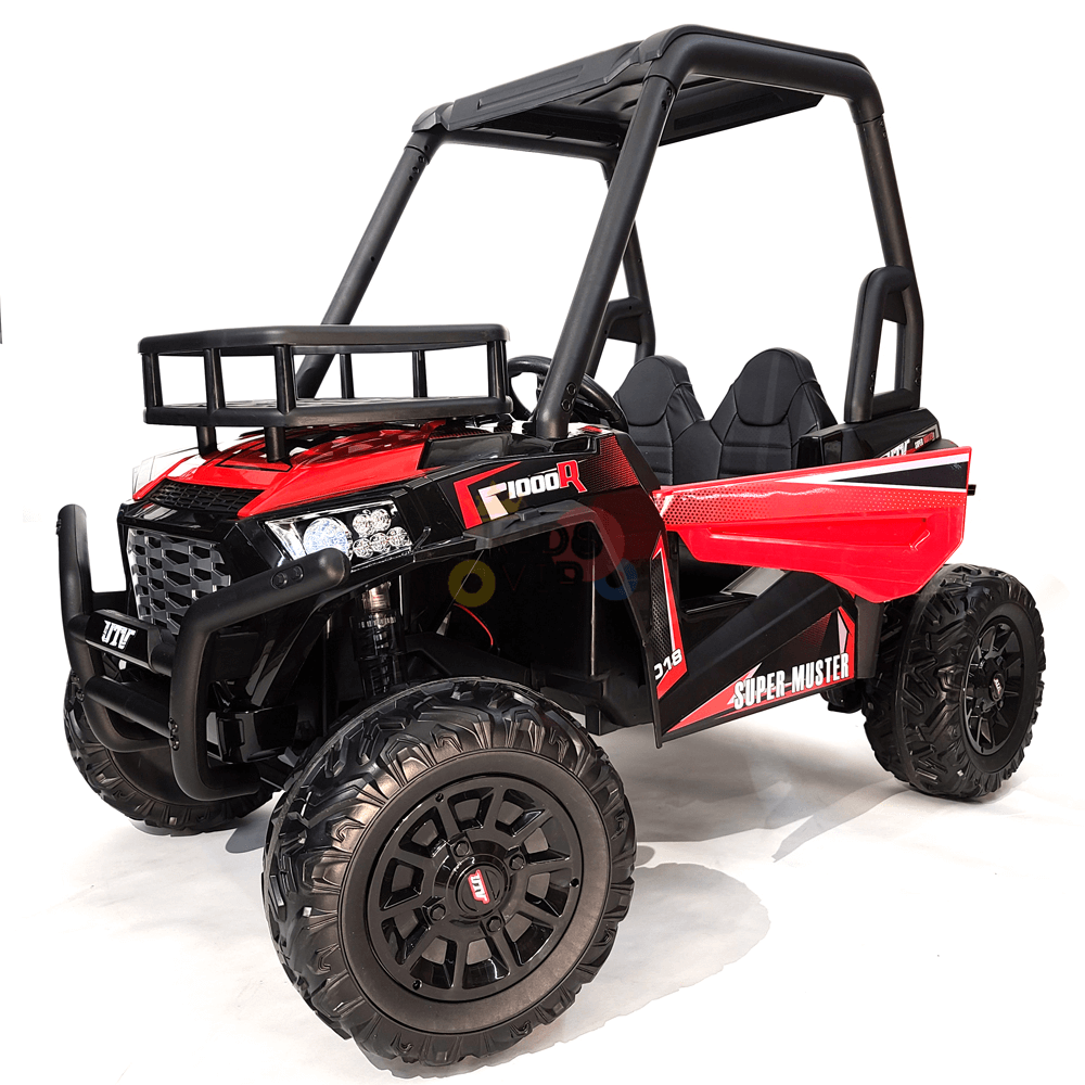 Designed like an off-road vehicle with large tires, this 24V edition golf buggy kids ride-on car features two seats, a roll cage, headlights, and Super-Master decals on red and black against a white background.