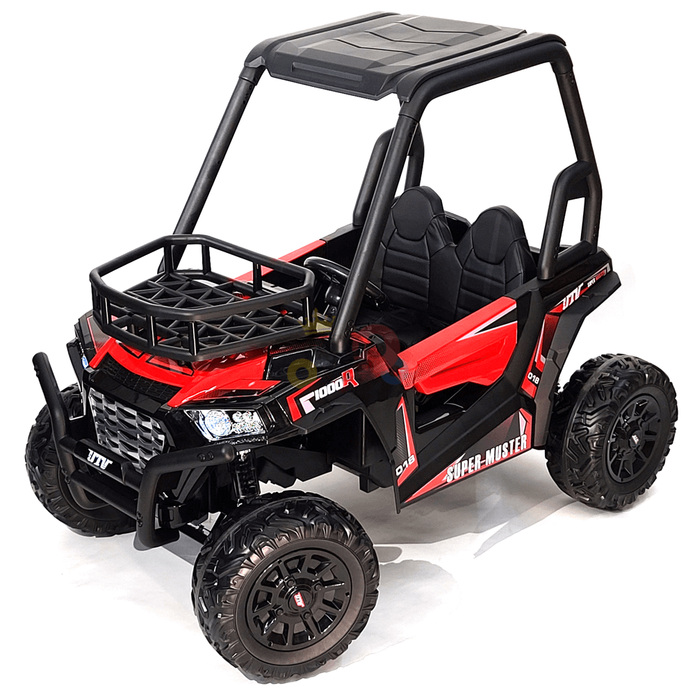 The 2 Seats Golf Buggy 24V Edition Kids Ride On Car UTV with RC features a striking red and black design, large rubber wheels, roll cage, seating for two, vibrant decals, and an RC for parental control—ideal for adventurous kids.