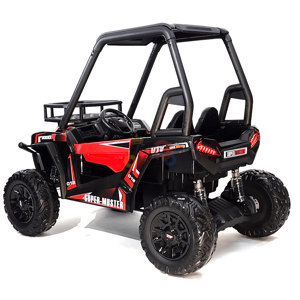 This 2 Seats Golf Buggy 24V Edition Kids Ride On Car UTV features a sporty black and red design, rugged rubber wheels for rough terrains, an open-top with two seats, and a parental remote for added safety and fun.
