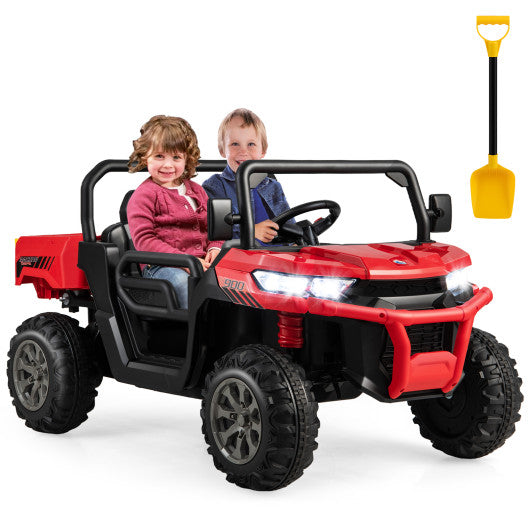 24V Kids Red 2-Seater Ride-On Dump Truck with Electric Dump Bed, Lights, Music, Remote