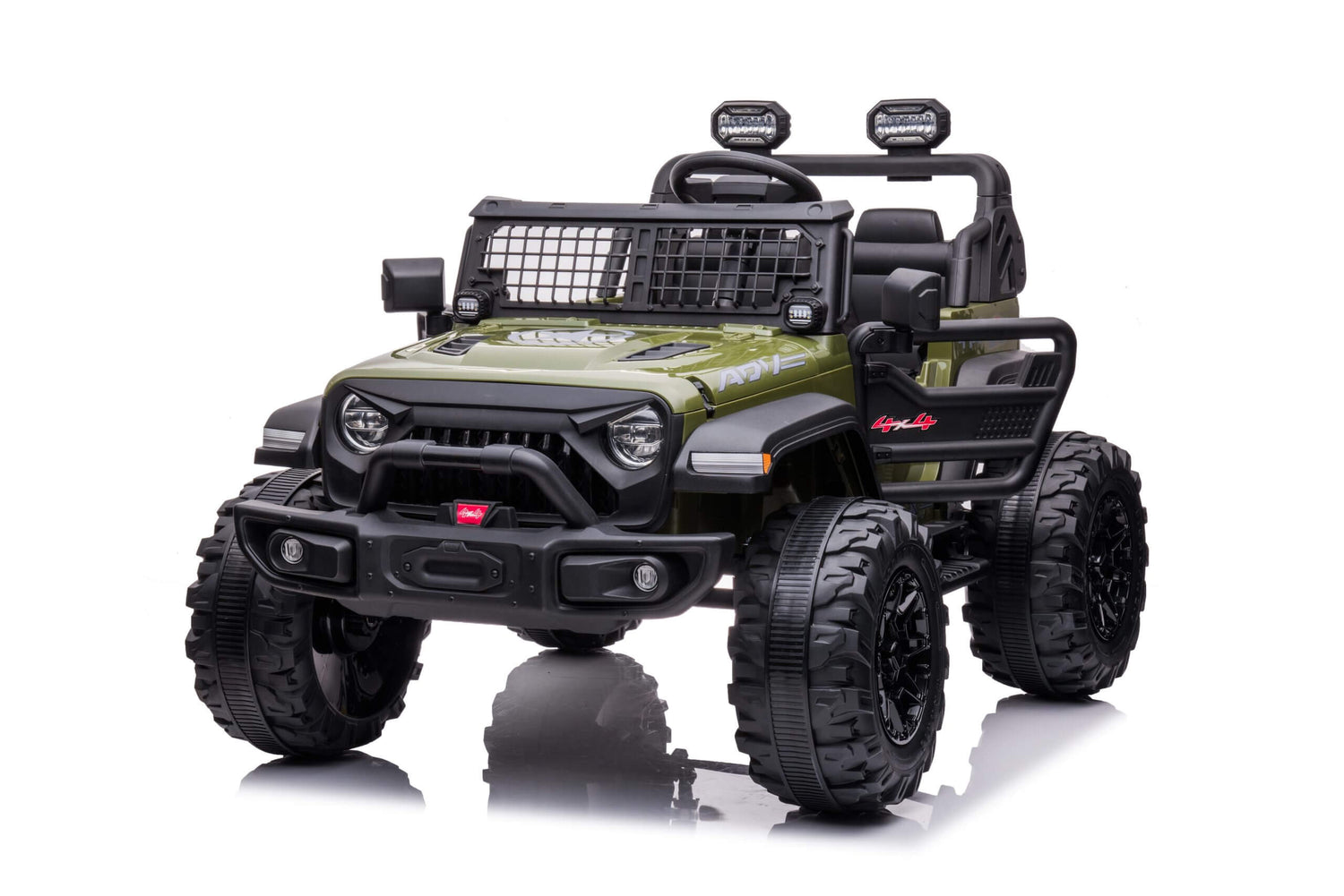 The Green 2 Seater 24v Xtreme 2WD Edition Kids Ride-On Truck features a Jeep-style design, green body, black accents, large rugged Eva wheels, leather seats, a front grille guard, top spotlights, and detailed branding stickers on a reflective white surface for an adventure-ready look.