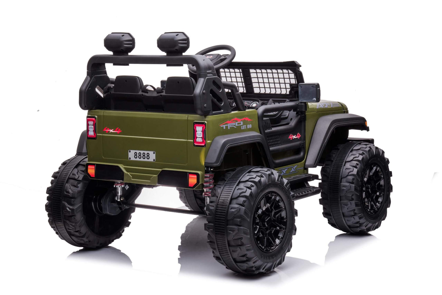 The Green 2 Seater 24v Xtreme 2WD Edition Kids Ride on Truck, featuring large off-road Eva wheels, an olive green body with black accents, red decals, open-top design, rear seats with a mesh net behind them, displays 8888 on its plate and includes parental remote control.