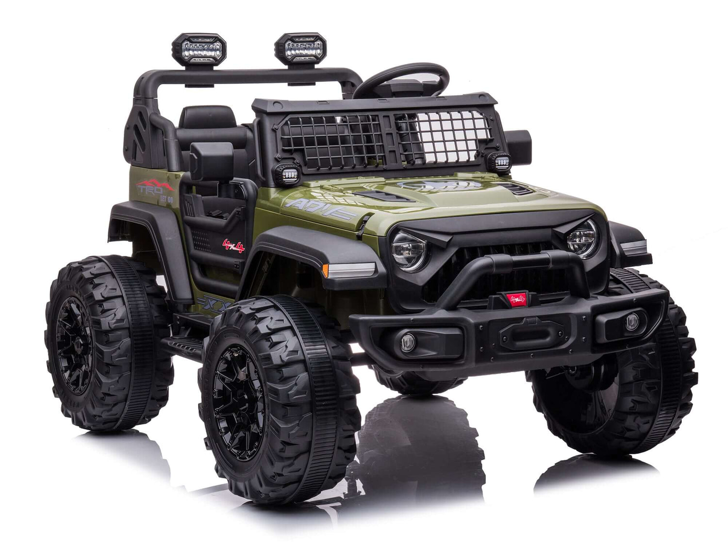 Meet the Green 2 Seater 24v Xtreme 2WD Edition Kids Ride-on Truck with Eva Wheels, leather seats, and adventurous features like a roll bar with spotlights, detailed front grilles, off-road accessories, and a parental remote control. Perfect for childrens outdoor adventures!.